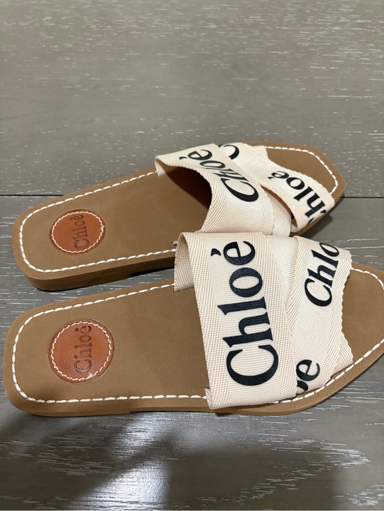 Chloe Shoes - Chloé Beige Canvas Logo Slide Sandals with Tan Footbed